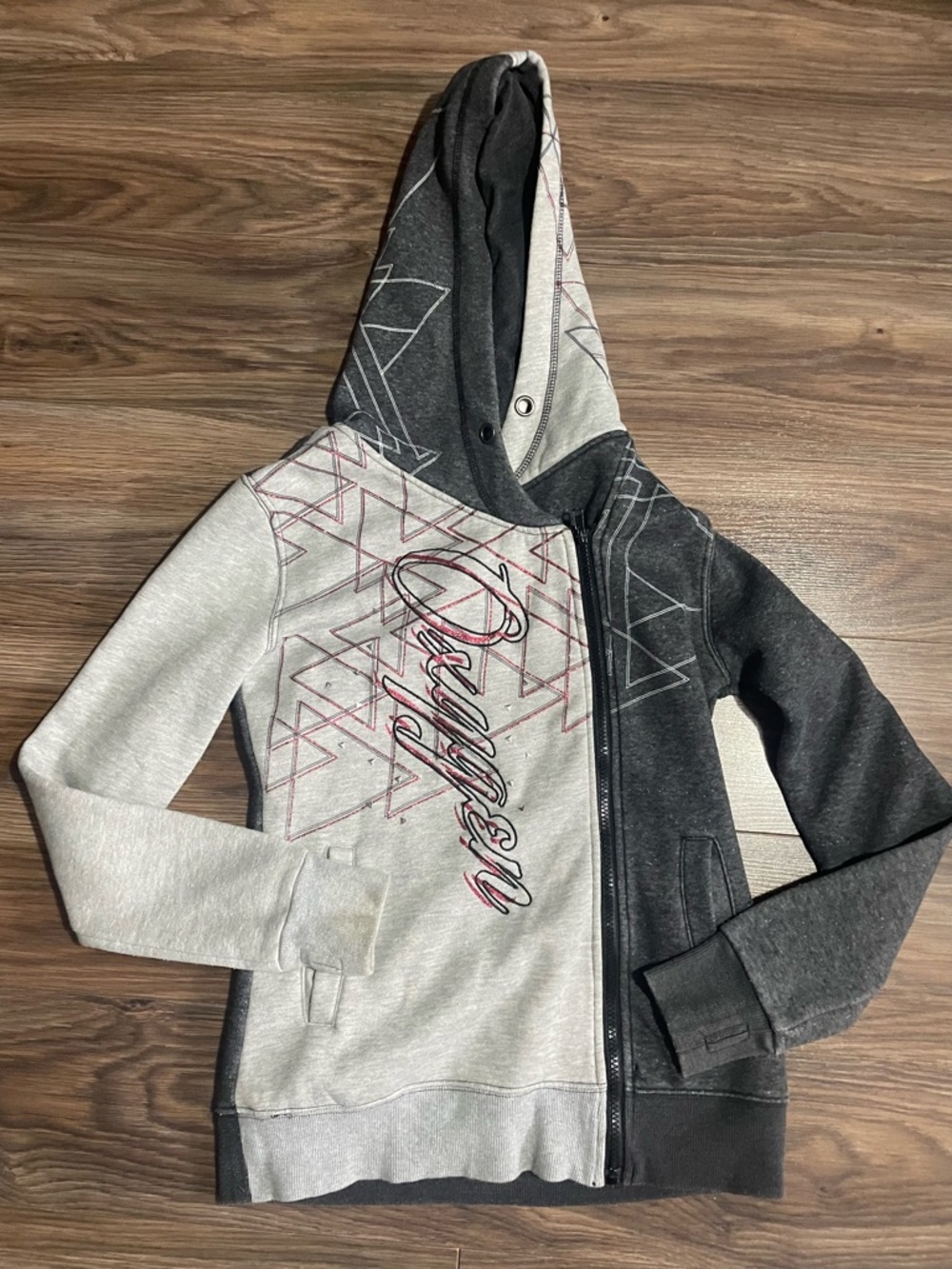 Women Two-Tone Gray and Charcoal Zip Hoodie with Script Detail